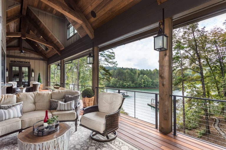 expansive covered porch with stunning lake views