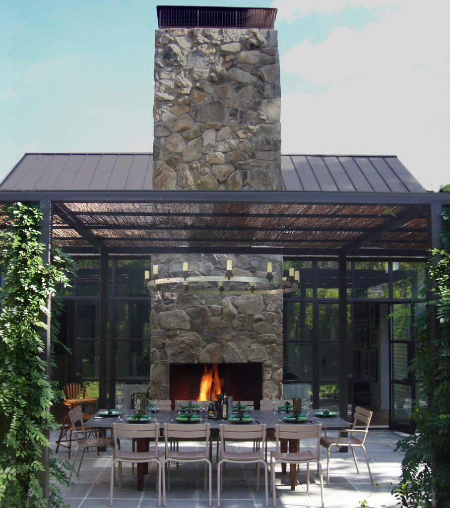 exterior dining, pergola, stone, fireplace, steel windows, copper roof