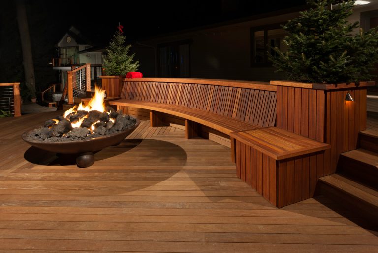 Large, award winning, raised deck with built-in seating, lighting, and a large fire pit. Design and Construction by Decks by Kiefer. (Photo by Frank Gensheimer) by Decks by Kiefer LLC | Fire Pits|Backyard Design|Outdoor Living Spaces|Landscape Design|Backyard Ideas|Landscaping|Landscaping Ideas|Landscape Installation|Fire Feautures|Fire Pit