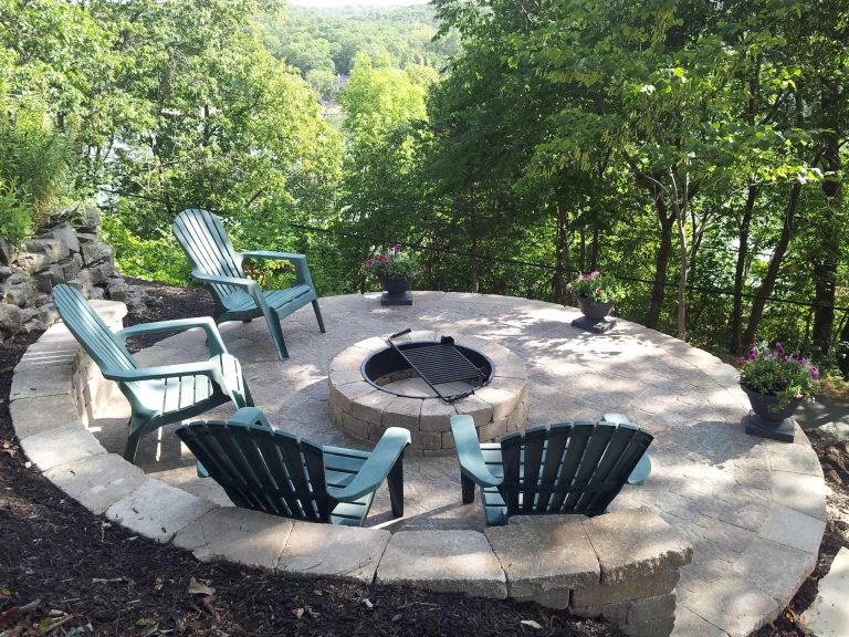 concrete pavers, flower pots, retaining wall, lake view