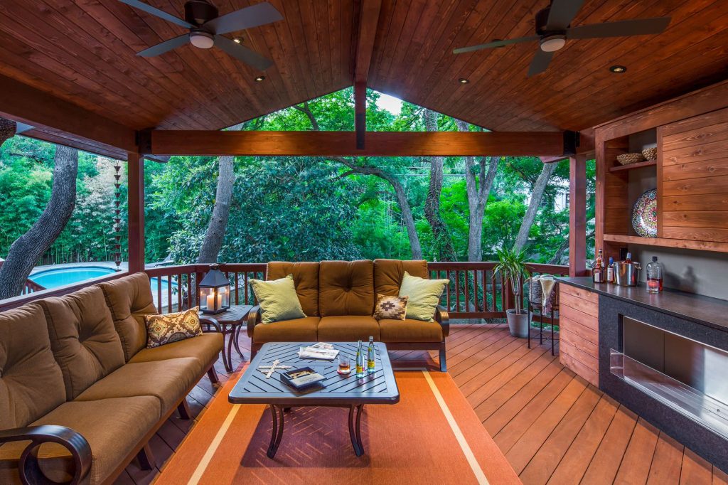dimmable LED lighting • bio fuel fireplace • ipe • redwood • glulam • cedar to match existing • granite bar • photography by Tre Dunham