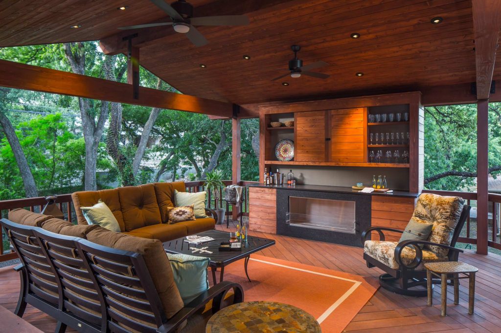 dimmable LED lighting • bio fuel fireplace • ipe • redwood • glulam • cedar to match existing • granite bar • photography by Tre Dunham