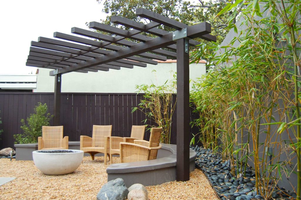 Mid-sized asian backyard gravel patio photo in Los Angeles with a fire pit