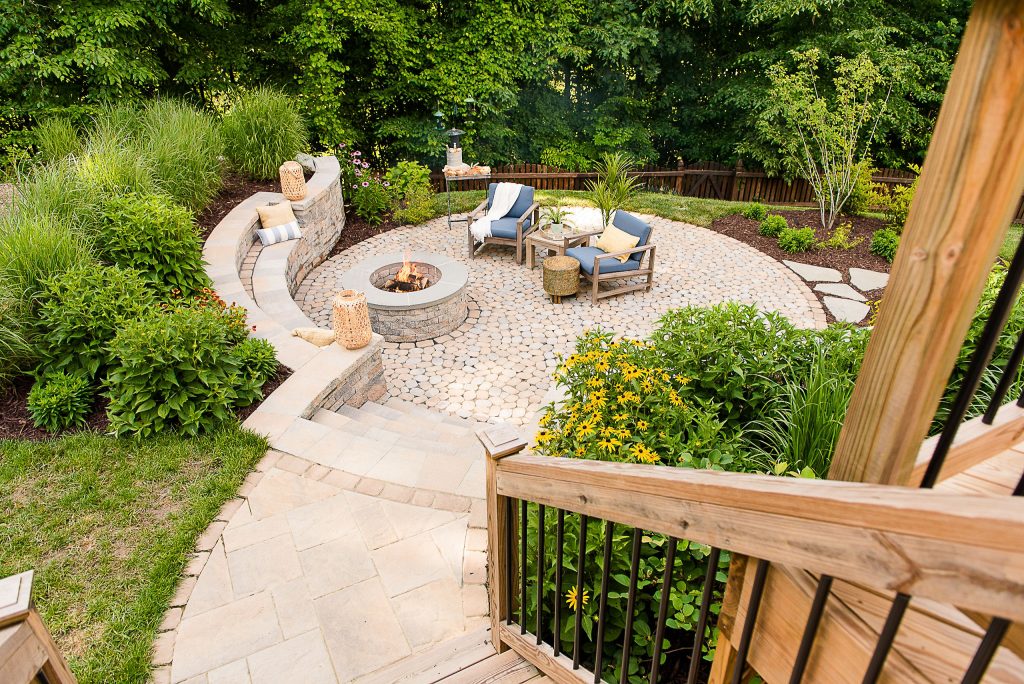 Inspiration for a mid-sized transitional backyard concrete paver patio remodel in Richmond with a fire pit and no cover