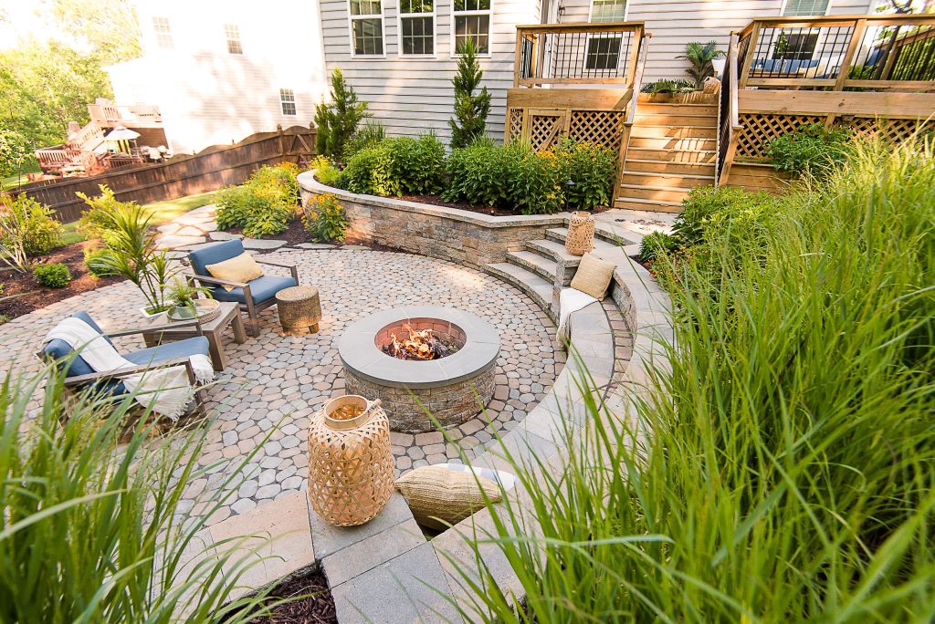 Example of a mid-sized transitional backyard concrete paver patio design in Richmond with a fire pit and no cover