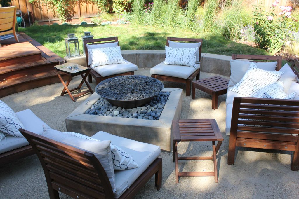 This intimate garden utilizes a no-mow lawn, a fire pit, outdoor kitchen, and ipe-deck.

Photo Credit: Megan KeelyPatio - mid-sized contemporary backyard decomposed granite patio idea in San Francisco with a fire pit and no cover by Sycamore Design | Fire Pits|Backyard Design|Outdoor Living Spaces|Landscape Design|Backyard Ideas|Landscaping|Landscaping Ideas|Landscape Installation|Fire Feautures|Fire Pit