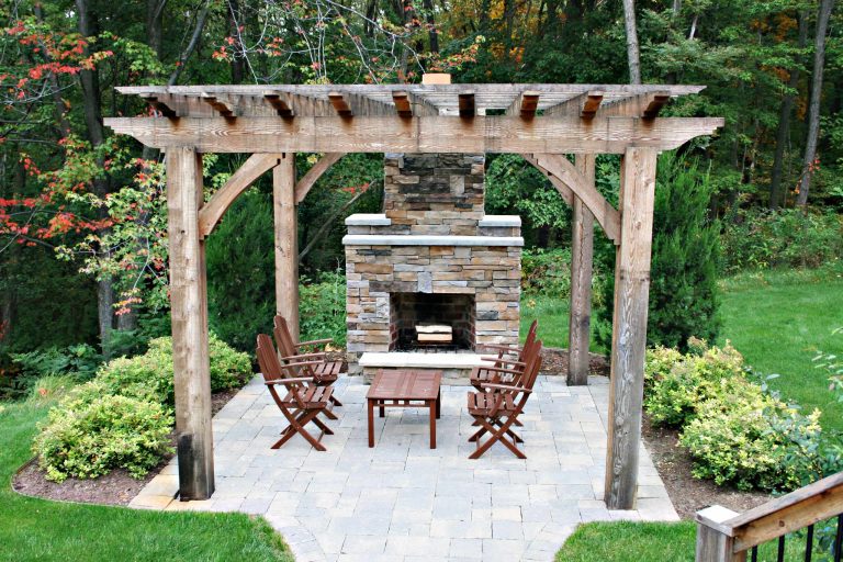 outdoor pergola pavers outdoor fireplace