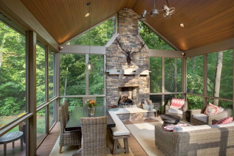 Classic porch idea in Columbus with a fire pit, decking and a roof extension by Finish Line Building | Outdoor Photos | Porch | Landscaping | Landscape Design | Outdoor Living Space | Porch Design Ideas | Outdoor Living Space Ideas | Backyard Design