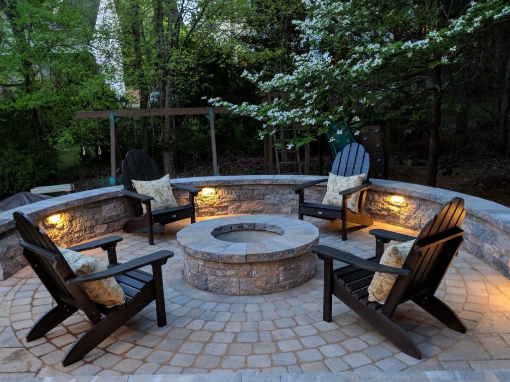 Example of a mid-sized classic backyard concrete paver patio design in Raleigh with a fire pit and no cover