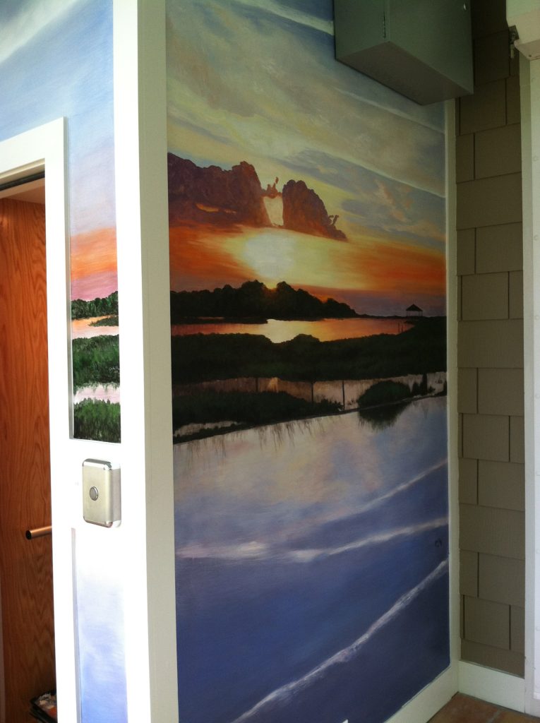 sunset view painted on porch wall