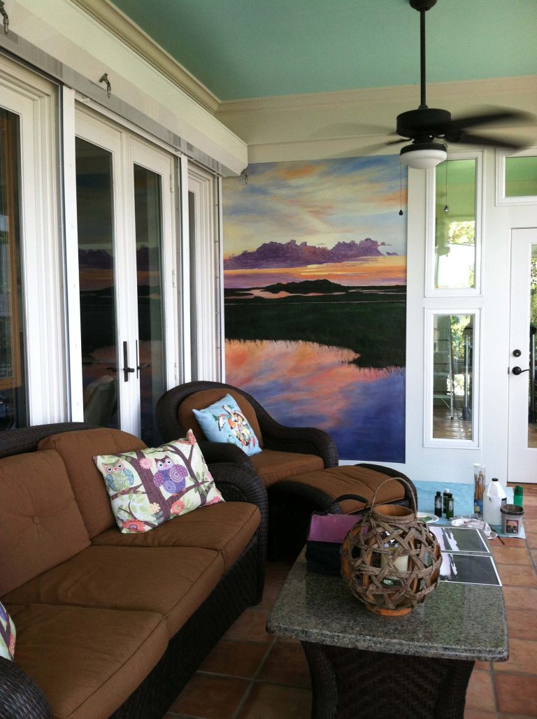 sunset view painted on porch wall