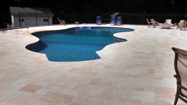 Ivory Cream Select French Pattern Travertine Pavers and Ivory Travertine Pool Coping. For more info please visit http://www.stone-mart.com/travertine-tile-classic-ivory-french-pattern-pavers.html