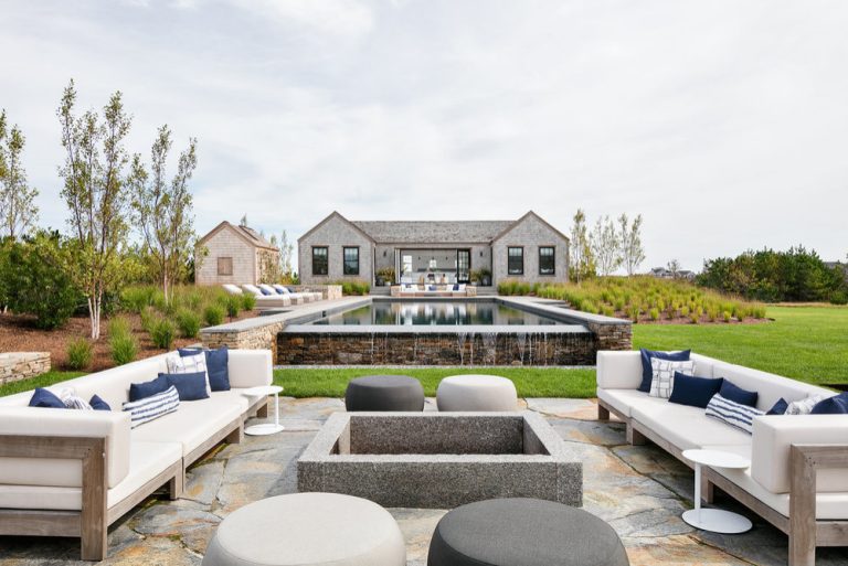 Patio - coastal stone patio idea in Boston with a fire pit and no cover