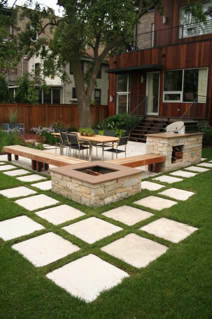 Pavers set into lawn lend a distinctive modernistic feel to the landscape