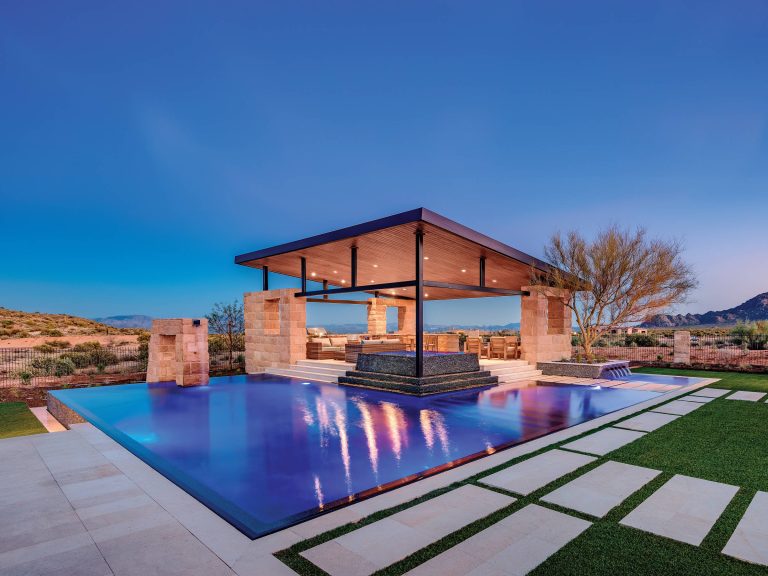 This amazing outdoor pool and patio oasis is adorned with Coronado Stone Products Santa Barbara stone veneer in the color Brookshire. This large stone veneer with a subtly chiseled texture adds the perfect accent to any secluded backyard hideaway. Santa Barbara is a large thin manufactured stone veneer that can be applied to most substrates. Create your own beautiful backyard oasis with products from Coronado Stone. Image courtesy of Toll Brothers. View more images at http://www.coronado.com