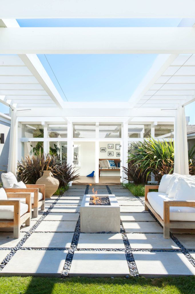Trendy backyard concrete paver patio photo in Los Angeles with a fire pit and a pergola